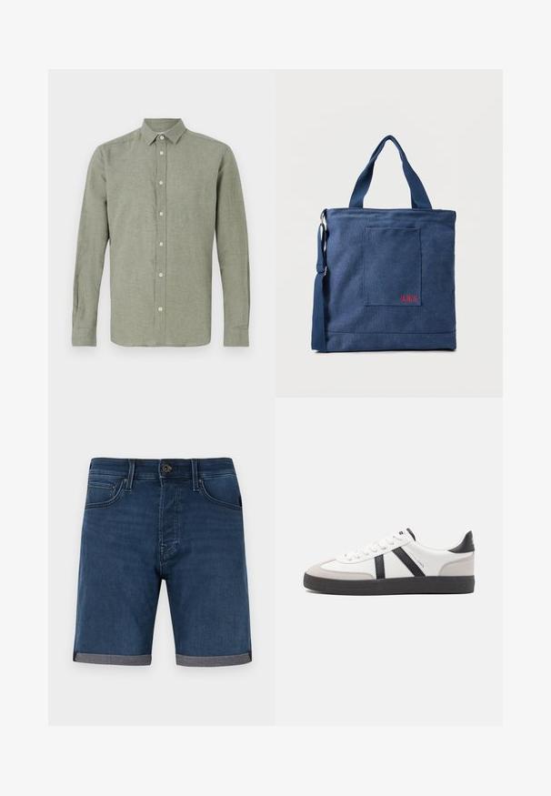 Langærmet skjorte med krave i lysegrøn, lavet af struktureret stof, med fuld knaplukning og lige kant.; Mørkeblå denimshorts med optrukne manchetter, forreste knap, lynlås og forlommer mod en ensfarvet lys baggrund.; Hvide sneakers med sorte og grå detaljer, med en tekstureret grå tåhætte, sort gummisål og flade hvide snørebånd. Rent design, minimalistisk stil.; Blå lærredstote taske med frontlomme og rød "O.N.S" broderi, med to håndtag og en justerbar skulderrem.