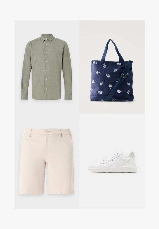 Chemise à manches longues, à col, de couleur vert clair, fabriquée en tissu texturé, dotée d'une fermeture à boutons sur toute la longueur et d'un ourlet droit.; Shorts beige en tissu lisse ; dotés d'une fermeture à bouton, de passants de ceinture et d'un design avant épuré avec des ouvertures de jambes droites.; Des baskets en cuir blanc avec une finition lisse, un bout rond, des lacets plats et une semelle texturée. Accents en daim gris au niveau du talon.; Sac fourre-tout en tissu bleu marine avec broderie florale blanche, deux poignées et une bandoulière ajustable sur un fond uni.