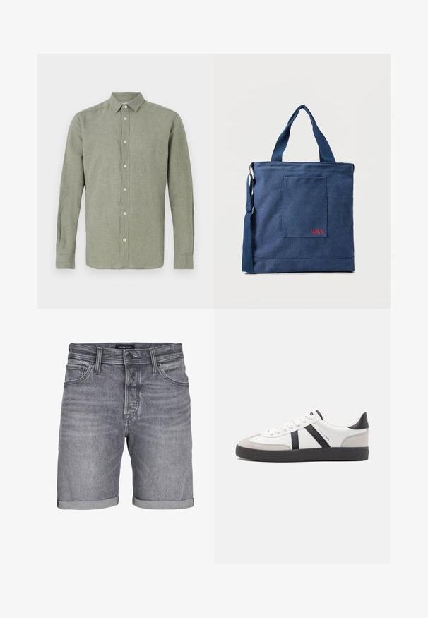 Lange mouwen, geknoopte blouse in lichtgroen, gemaakt van structuurstof, met een volledige knoopsluiting en een rechte zoom.; Grijze denim shorts met een licht versleten uiterlijk, voorzien van een omgeslagen zoom, vijf zakken en een knoopsluiting. Label: JACK & JONES.; Witte sneaker met zwarte en grijze accenten, voorzien van een grijze neus met textuur, zwarte rubberen zool en platte witte veters. Schoon ontwerp, minimalistische stijl.; Blauwe canvas tas met voorvak en rode "O.N.S" borduring, voorzien van dubbele handvatten en een verstelbare schouderriem.