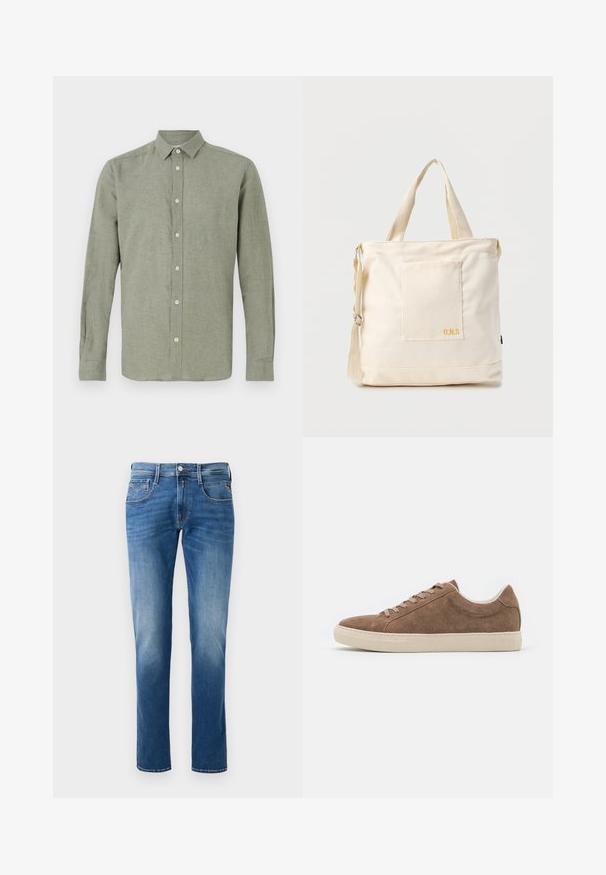 Langärmliges, kragenförmiges Hemd in Hellgrün, aus strukturiertem Stoff, mit durchgehendem Knopfverschluss und geradem Saum.; Herren Jeans aus blauem Denim mit einem verwaschenen Finish, gerader Beinschnitt, fünf Taschen und einem Knopfverschluss vorne. Genähte Akzente an den Taschen.; Braune Wildleder-Sneaker für die Freizeit mit niedrigem Profil, flacher beige Gummisohle und sechs Schnürlöchern. Abgerundete Zehenform und minimalistisches Design.; Beige Canvas-Shopper mit Fronttasche, zwei Griffen, verstellbarem Schulterriemen und kleinem gelbem "O.N.S"-Text unten rechts auf der Tasche.