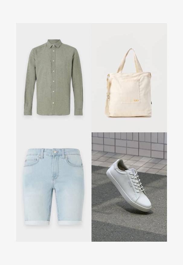 Langærmet skjorte med krave i lysegrøn, lavet af struktureret stof, med fuld knaplukning og lige kant.; Lysblå denimshorts med opretstående kant, klassisk fem-lomme design og frontknaplukning. Glat tekstur med let slid.; Hvide sneakers lavet af tekstureret læder, med snørelukning, robust gummisål og minimalistisk design med forstærket tå.; Kremfarvet lærredstote-taske med frontlomme, to håndtag, justerbar skulderrem og lille gul "O.N.S" tekst i nederste højre hjørne af lommen.
