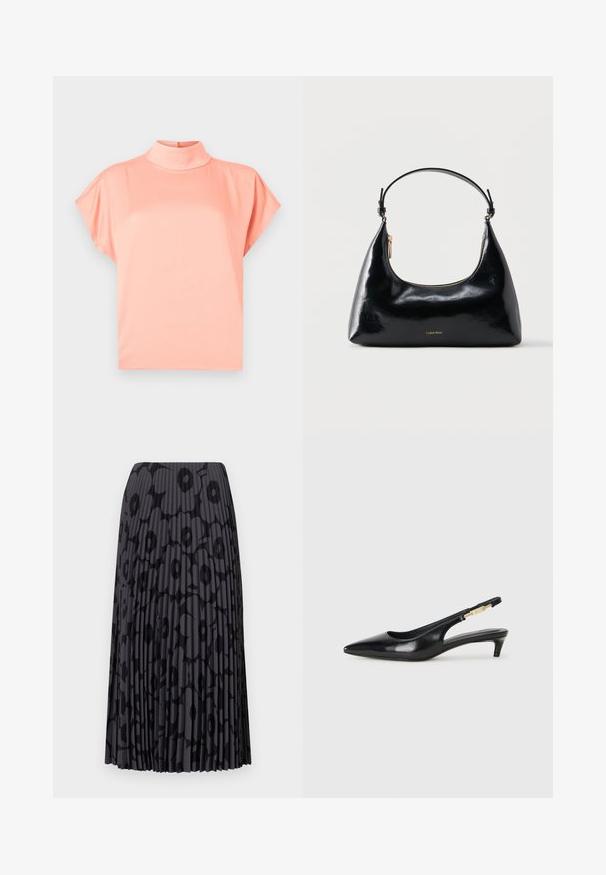 Blouse corail clair à manches courtes avec col montant et coupe ample, présentée sur un fond gris clair uni.; Jupe plissée noire avec un motif floral, fabriquée en tissu léger ; présente des rayures verticales et une taille élastique.; Talons hauts en cuir noir avec un bout pointu, dotés d'un talon fin et d'un accent en ton or sur la lanière réglable. Texture lisse.; Sac à main Calvin Klein noir brillant avec fermeture éclair dorée et anse courte sur fond blanc uni.
