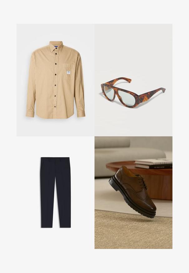 Camisa abotonada color beige con rayas negras verticales, cuello puntiagudo, un bolsillo en el pecho y botones negros. Confeccionada con tela ligera.; Pantalones azul marino con un corte ajustado, que cuentan con dos bolsillos frontales, un diseño plano en la parte delantera y una textura suave. Sin patrones ni adornos visibles.; Zapato brogue de cuero marrón con suela negra suspendido sobre una alfombra beige, con una mesa de madera y libros apilados en el fondo.; Gafas de sol con montura de carey en forma de ojo de gato, lentes azul claro y un sutil detalle de patrón en la montura y las patillas.