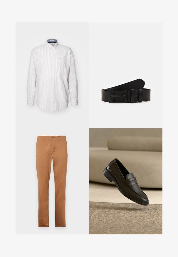 Chemise à manches longues de couleur claire avec de fines rayures verticales. Présente un col boutonné et une poche poitrine. Fabriquée dans un tissu texturé.; Chinos en coton marron avec une coupe slim, dotés d'une fermeture à bouton, de poches latérales et d'une texture lisse.; Chaussure loafer en cuir noir reposant sur un tapis beige avec un canapé beige courbé en arrière-plan.; Ceinture en cuir noir roulée avec une boucle en métal rectangulaire noir mat et deux passants sur fond blanc.
