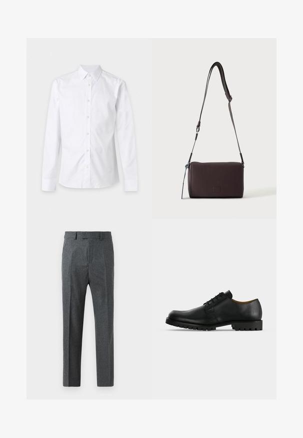 Camisa blanca de manga larga con botones, cuello y puños, mostrada plana sobre un fondo claro y liso.; Pantalones grises ajustados con un fino estampado de cuadro, diseño de pierna recta y una textura de tela suave. Cuenta con trabillas para cinturón y cierre de cremallera.; Zapato de vestir negro de cuero con cordones, suela gruesa y acanalada y tacón bajo mostrado sobre fondo blanco.; Bolso bandolera de cuero marrón oscuro con textura, correa ajustable y pequeño adorno decorativo azul en el lateral.