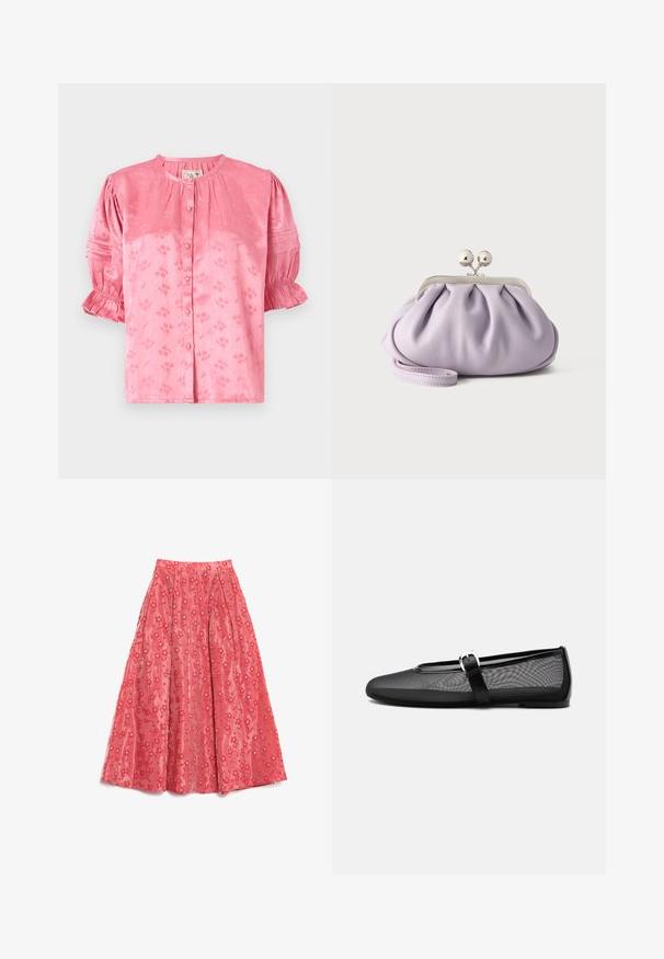 Roze bloempatronde blouse met een ronde halslijn, korte puffmouwen en knoopsluiting. Gemaakt van textiel met een subtiele glans.; Vloeiende koraalkleurige maxirok van textuurstof, met een bloempatroon en kleine witte accenten, en plooien voor volume.; Zwarte mesh ballerina met ronde neus en verstelbare Mary Jane-band met een zilveren gesp, op een effen lichtgrijze achtergrond.; Zachte lavendelkleurige clutch met geplooide stof, zilveren kiss-lock sluiting en bijpassend polsbandje op een effen lichte achtergrond.