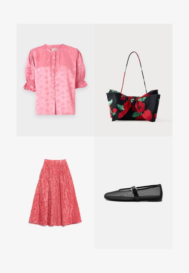 Bluse mit rosa Blumenmuster, rundem Ausschnitt, kurzen Puffärmeln und Knopfverschluss. Hergestellt aus strukturiertem Stoff mit dezentem Glanz.; Fließender coralfarbener Maxirock aus strukturiertem Stoff, mit floralen Mustern und kleinen weißen Akzenten sowie Falten für mehr Volumen.; Schwarzer Netz-Ballerinaschuh mit rundem Zehenbereich und verstellbarem Mary-Jane-Riemen mit silberner Schnalle, auf schlichtem hellgrauem Hintergrund.; Florale Schultertasche aus schwarzem Stoff mit roten und grünen Blumenmustern, Schleifendetail und einem dünnen, farbigen Henkel.