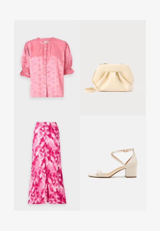 Blomstret bluse i pink med rund halsudskæring, korte puffærmer og knaplukning. Lavet af tekstureret stof med en subtil glans.; Lyserød mønstret nederdel med et let, bredt ben design og et glat, let stof. Mønstret inkluderer variationer af lys og mørk lyserød.; Beige blokhælede sandaler med et minimalistisk design, åben tå og justerbar ankelrem med en guldbelsningsdetalje. Glat tekstur.; Beige blød læder clutch-taske med struktureret ramme og rynket frontdetalje, med en tynd håndledsrem og guldlås.