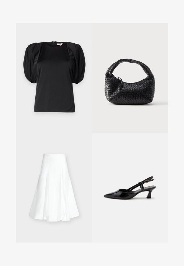 Haut noir à manches courtes avec épaules bouffantes, fabriqué dans un tissu lisse, doté d'un col rond et d'une fermeture éclair au dos.; Jupe midi blanche taille haute avec un ourlet bouffant et des coutures verticales sur un fond gris clair uni.; Chaussure slingback en cuir verni noir à petit talon, bout pointu et bride réglable avec boucle dorée sur fond blanc.; Sac à main noir tissé de forme arrondie, finition texturée et poignée incurvée. Présente un logo discret en accent sur le devant.