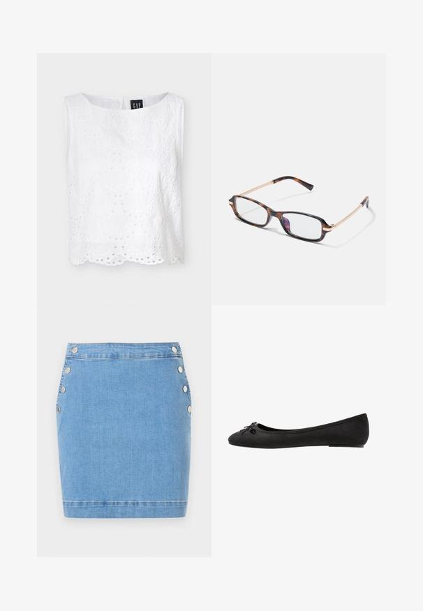 Hvid ærmeløs bluse i øjlet blonde med bølget kant og rund halsudskæring, med blomsterbroderi og knaplukning bagpå.; Lyseblå denim mininederdel med sølvfarvede trykknapper langs begge sider og søm i kanten forneden.; Sorte ruskind ballet flats med rund tå, prydet med en dekorativ sløjfe på forsiden og flad sål. Glat tekstur og klassisk form.; Rektangulære briller med en ramme i skildpaddemønstret plastik, guldfarvede metal detaljer og klare linser. Slanke arme med en subtil kurve.