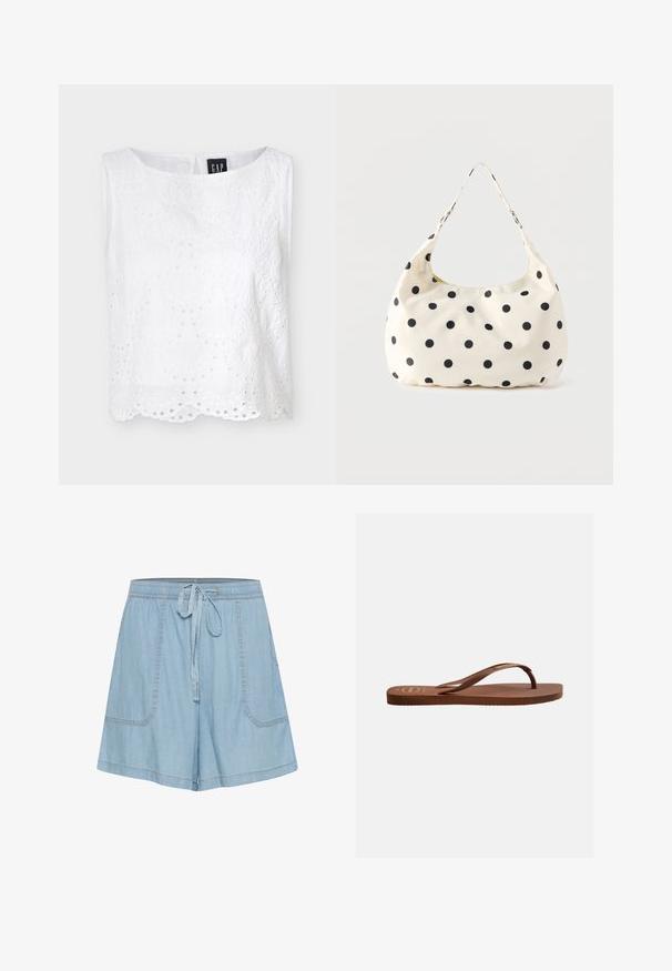 Blusa blanca sin mangas de encaje con ojales, con bajo festoneado y escote redondo, con bordados florales y cierre de botones en la parte trasera.; Pantalones cortos de mezclilla azul claros con cintura elástica, detalles de lazo, dos bolsillos frontales y acentos de costura.; Chancla marrón de goma con plantilla texturizada y tira delgada en forma de Y, mostrada de perfil sobre un fondo liso.; Bolso de tela color crema con lunares negros y una sola correa para el hombro, presentado sobre un fondo blanco liso.