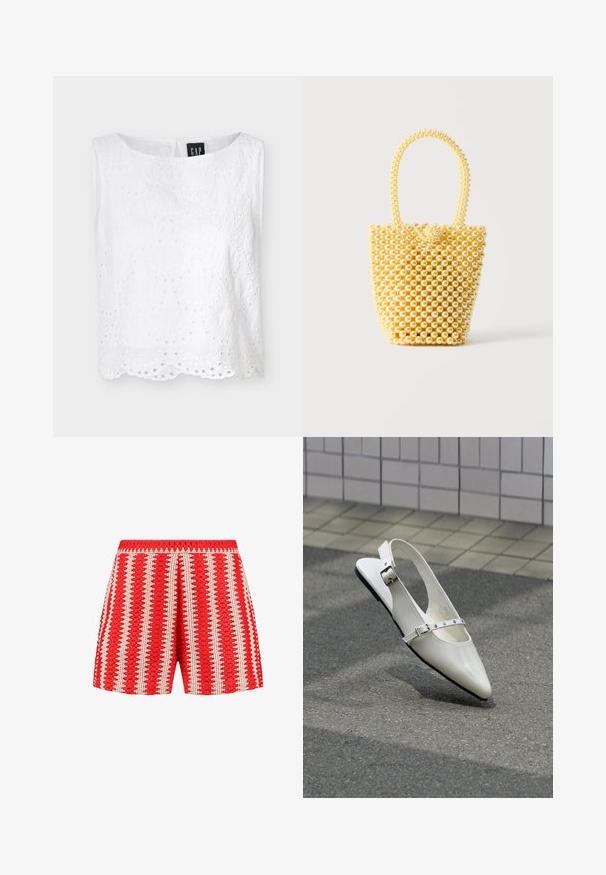 Blusa blanca sin mangas de encaje con ojales, con bajo festoneado y escote redondo, con bordados florales y cierre de botones en la parte trasera.; Pantalones cortos rojos con una tela texturizada con rayas verticales blancas y un patrón en forma de concha. Cintura elástica y diseño de corte holgado.; Zapato plano blanco con punta puntiaguda y diseño slingback con dos hebillas plateadas, mostrado al aire libre sobre un suelo texturizado y fondo de pared con azulejos.; Bolso pequeño estilo bolso cubo hecho de cuentas brillantes de color crema con asa de cuentas en forma de lazo y cierre decorativo con nudo de cuentas.