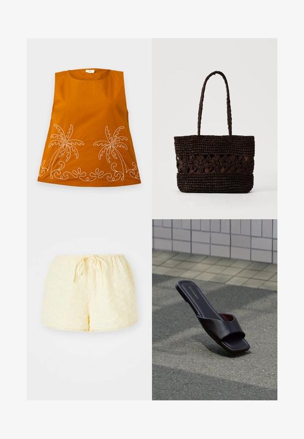 Oranje mouwloze top met witte palmboom borduursels en golvende patronen aan de zoom. Glad katoen, ronde halslijn en een relaxed fit.; Gele katoenen shorts met een elastische tailleband en een trekkoord. Heeft geborduurde bloemenpatronen en een scalloped zoomdetail.; Donkerbruine open-toe slidesandaal met vierkante neus en brede band, rustend op grijs asfalt nabij betegeld voetpad.; Donkerbruine gevlochten draagtas met bloemenpatronen en twee lange gevlochten handgrepen op een effen lichte achtergrond.