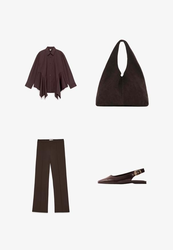 Camisa marrón oversize de tela suave, con cuello puntiagudo, abertura frontal completa con botones y bajo asimétrico con recortes laterales.; Pantalones marrones de pierna ancha confeccionados en una tela suave; presentan pliegues frontales y una cinturilla estándar. Diseño minimalista sin cierre visible.; Zapato plano slingback de cuero marrón oscuro con puntera puntiaguda y hebilla dorada en la correa del tobillo, visto de lado.; Bolso de hombro triangular de color marrón oscuro suave con una única asa ancha en la parte superior y una textura de superficie lisa.