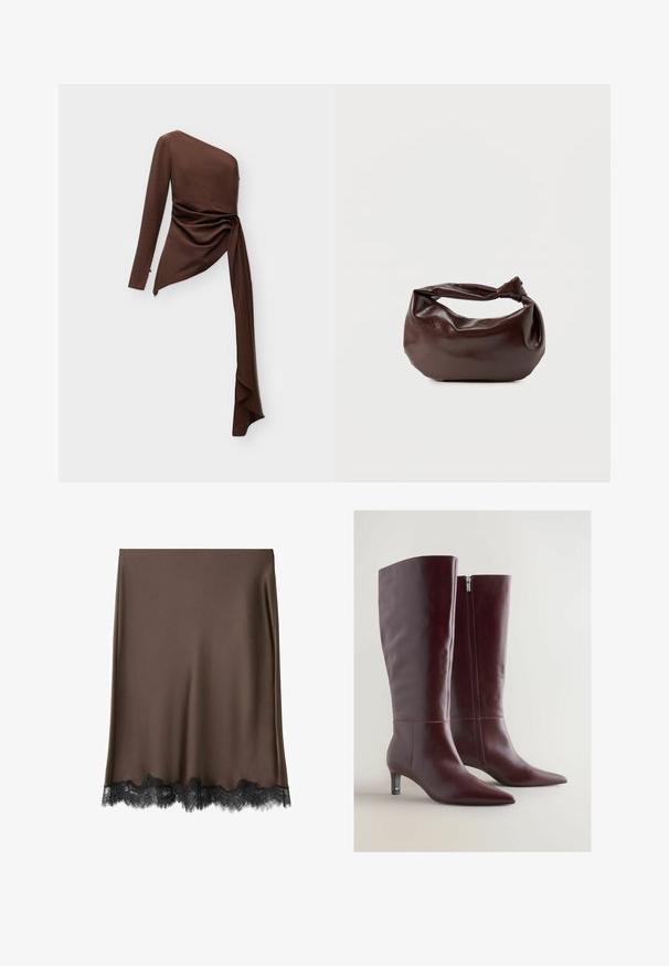 Haut asymétrique marron à manches longues avec une épaule dénudée et un détail drapé et froncé s'étendant en une longue bande pendante d'un côté.; Jupe en satin marron avec un bord en dentelle noire à l'ourlet. Le tissu est lisse et la coupe est droite, longueur jusqu'au genou.; Bottes en cuir bordeaux montantes avec un bout effilé, des coutures décoratives et une fermeture éclair sur le côté. Elles présentent un talon bas et fin.; Sac bandoulière en cuir marron foncé avec une forme souple et décontractée et une anse nouée torsadée sur un fond blanc uni.