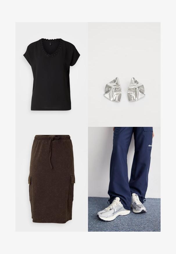 Sort kortærmet bluse med V-hals og bølget kant. Fremstillet af glat stof med en afslappet pasform og minimalistisk design.; Brun bomuldsblandings midi-nederdel med elastisk talje og snor. Sidelommer i cargo-stil og en afslappet pasform. Diskret tekstur.; Nike sportssko med en sølvfarvet mesh-overdel, hvide detaljer og strukturerede såler, parret med løstsiddende navy bukser.; Sølvmetal øreringe med et bølgende, skulpturelt design, der har en poleret overflade og uregelmæssige former, hvilket fremhæver en moderne æstetik.