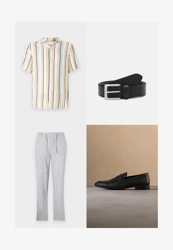 Kurzarmhemd in Beige, Hellblau und Schwarz mit vertikalen Streifen. Verfügt über einen Kragen und eine Brusttasche mit Knopfverschluss.; Hellgraue Hose aus strukturiertem Stoff, mit Knopfverschluss, Gürtelschlaufen und geradem Bein-Design. Keine sichtbaren Muster.; Schwarzer Lederloafer schwebt über einem beigen Teppich mit beigem Sofa in einem minimalistischen Innenraum.; Schwarzer Leder Gürtel mit glatter Textur, silberner rechteckiger Schnalle und einer Schlaufe für das Ende. Verfügt über eine saubere Naht entlang der Kanten.