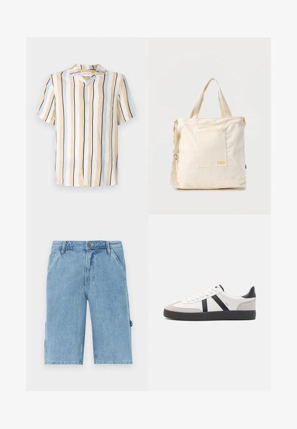 Kortærmet skjorte i beige, lyseblå og sorte lodrette striber. Har en krave og en brystlomme med knaplukninger.; Lyseblå denimshorts med lige skæring, der har frontlommer og en sidelomme til cargo, med en slidset tekstur og bæltestropper i taljen.; Hvide sneakers med sorte og grå detaljer, med en tekstureret grå tåhætte, sort gummisål og flade hvide snørebånd. Rent design, minimalistisk stil.; Kremfarvet lærredstote-taske med frontlomme, to håndtag, justerbar skulderrem og lille gul "O.N.S" tekst i nederste højre hjørne af lommen.
