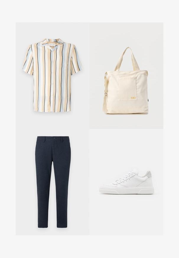 Kurzarmhemd in Beige, Hellblau und Schwarz mit vertikalen Streifen. Verfügt über einen Kragen und eine Brusttasche mit Knopfverschluss.; Dunkelblaue Slim-Fit-Hosen mit Gürtelschlaufen, Frontknopf und vorderen Taschen, auf einem weißen Hintergrund präsentiert.; Weiße Leder-Sneaker mit glatter Oberfläche, rundem Zehenbereich, flachen Schnürsenkeln und strukturiertem Schuhsohlen. Graues Wildleder-Detail an der Ferse.; Beige Canvas-Shopper mit Fronttasche, zwei Griffen, verstellbarem Schulterriemen und kleinem gelbem "O.N.S"-Text unten rechts auf der Tasche.