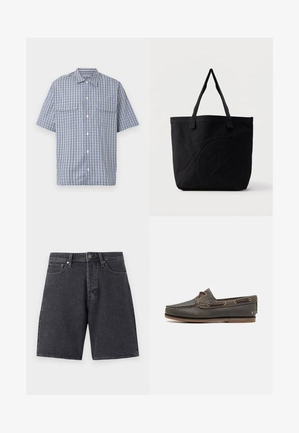 Kortærmet skjorte med knapper foran i blå, hvid og sort ternet mønster og to brystlommer med klap på hvid baggrund.; Mørkegrå denimshorts med lige snit. Funktioner inkluderer to frontlommer, en baglomme og en metalknaplukning.; Mørkebrune læder bådsko med lav profil, der har messingøjer og kontrasterende syninger, flad gummisål og struktureret overflade.; Sort canvas-tote-taske med to skulderstropper og et diskret præget cirkeldesign på fronten.