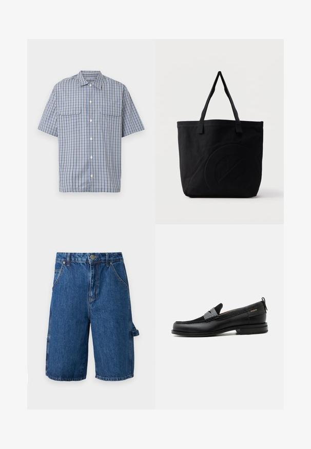Chemise à manches courtes avec boutons, motif à carreaux bleu, blanc et noir, et deux poches à rabat sur la poitrine, sur fond blanc.; Shorts en denim d'une couleur bleu moyen, dotés d'une taille haute, de deux poches avant et d'une poche latérale avec une sangle. Texture lisse, design décontracté.; Mocassin en cuir noir avec détail de bride grise, talon bas et semelle texturée, marqué "HUGO" en or sur le côté.; Sac fourre-tout en toile noire avec deux bandoulières et un motif circulaire discret en relief sur le devant.
