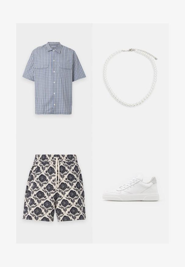 Kurzärmeliges Hemd mit Knopfleiste, blau-weiß-schwarz kariertem Muster und zwei aufgesetzten Brusttaschen vor weißem Hintergrund.; Bedruckte Shorts in Creme mit navyfarbenem Blumenmuster, ausgestattet mit einem elastischen Bund und Kordelzug, aus leichtem Stoff gefertigt.; Weiße Leder-Sneaker mit glatter Oberfläche, rundem Zehenbereich, flachen Schnürsenkeln und strukturiertem Schuhsohlen. Graues Wildleder-Detail an der Ferse.; Weiße Perlenkette mit einheitlich runder Form, glatter Oberfläche und Metallverschluss mit Verlängerungskette für anpassbare Länge.