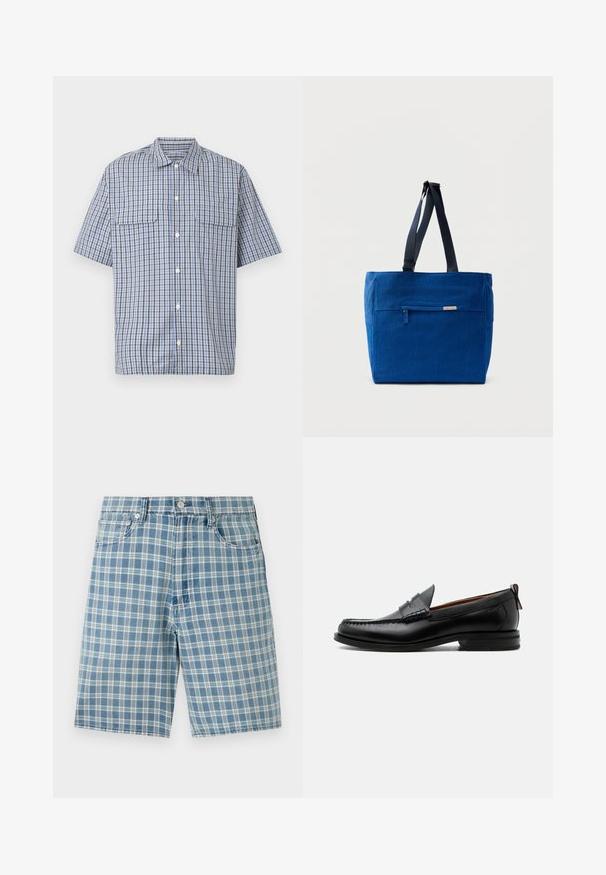 Kurzärmeliges Hemd mit Knopfleiste, blau-weiß-schwarz kariertem Muster und zwei aufgesetzten Brusttaschen vor weißem Hintergrund.; Hellblaue Karobluse-Shorts aus einem Baumwollmix, mit fünf Taschen, Knopfverschluss und lockerer Passform. Die Textur ist glatt und weich.; Schwarzer Leder-Herrenschuh mit Mokassinnaht, Penny-Riemen, strukturiertem Kragen und niedrigem gestapeltem Absatz auf weißem Hintergrund.; Blaue Canvas-Einkaufstasche mit einer vorderen Reißverschlusstasche, doppelten Schulterriemen und rechteckiger Form. Verfügt über ein dezentes Markenlabel.