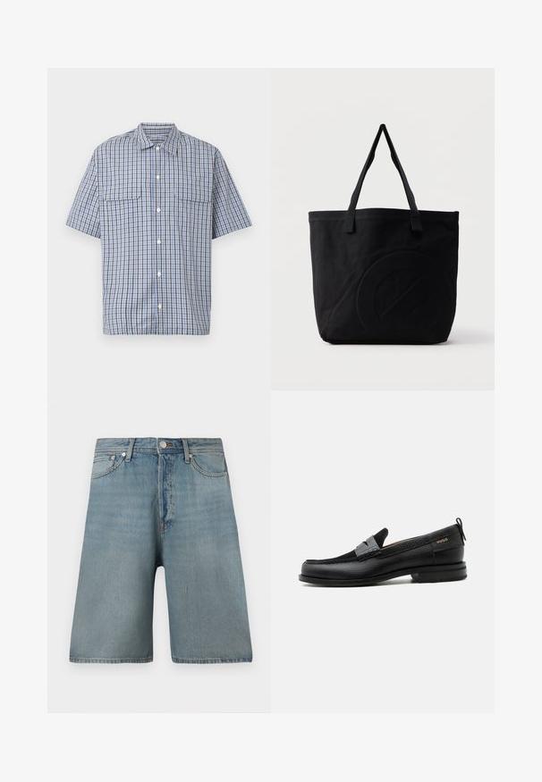 Kortærmet skjorte med knapper foran i blå, hvid og sort ternet mønster og to brystlommer med klap på hvid baggrund.; Lyseblå denimshorts med en løs pasform, fem lommer og en traditionel knaplukning, med slidte pletter for et brugt udseende.; Sort læderloafer med grå remdetalje, lav hæl og tekstureret sål, mærket med "HUGO" i guld på siden.; Sort canvas-tote-taske med to skulderstropper og et diskret præget cirkeldesign på fronten.