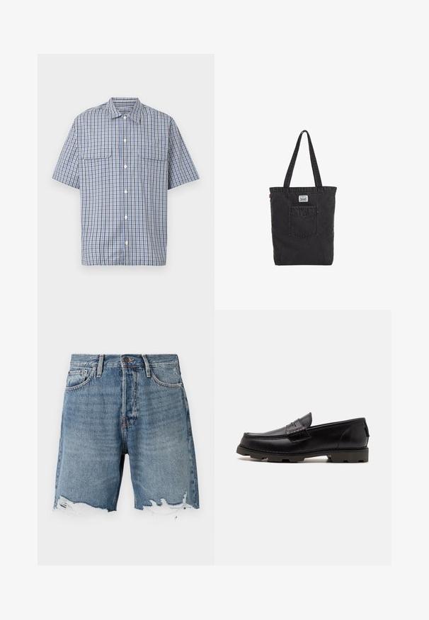 Kortærmet skjorte med knapper foran i blå, hvid og sort ternet mønster og to brystlommer med klap på hvid baggrund.; Lys blå denimshorts med en slidt kant, fem-lomme design og synlig syning. Har en knaplukning i taljen.; Sorte læder loafers med rund tå, dekorativ syning og en tekstureret ydersål for bedre greb. Let hævet hæl.; Sort denim tote taske med lange håndtag, frontlomme og lille hvid label over lommen på en ensfarvet baggrund.