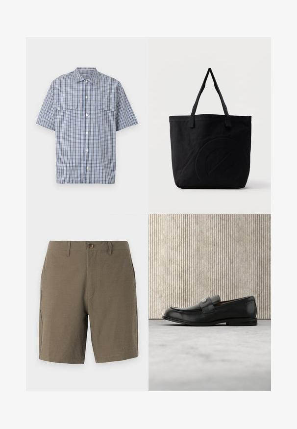 Kurzärmeliges Hemd mit Knopfleiste, blau-weiß-schwarz kariertem Muster und zwei aufgesetzten Brusttaschen vor weißem Hintergrund.; Olivgrüne Shorts aus strukturiertem Stoff, mit Knopfverschluss und flachem Bund, ausgestattet mit Seitentaschen für Funktionalität.; Schwarzer Lederloafer mit einer Metallmarkenplatte, der nahe einem braunen runden Tisch auf beigem Teppichboden ruht.; Schwarze Canvas-Shopper-Tasche mit zwei Schulterriemen und einem dezenten, eingeprägten kreisförmigen Design auf der Vorderseite.