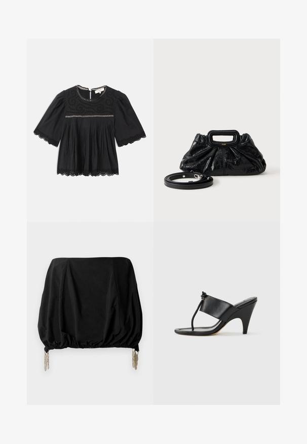 Sort kortærmet bluse med blonder på ærmerne og kanten, broderet bærestykke, plisseret fortil og kædedetalje langs halsudskæring og bryst.; Sort cropped top med en samlede design, med elastisk kant og metalliske clips som detaljer. Fremstillet af et letvægtsstof.; Sort højhælet sandal med bred frontrem og en tåsløjfe med en knyttet snordetalje, vist i profil på hvid baggrund.; Lille sort læderhåndtaske med rynket tekstur, rektangulært håndtag og aftagelig tynd skulderrem placeret ved siden af.
