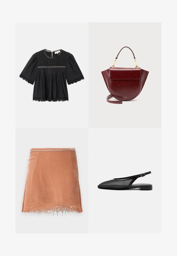 Schwarze kurzärmlige Bluse mit Spitzenbesatz an den Ärmeln und dem Saum, bestickter Passe, gefälteltem Vorderteil und Kettendetail entlang des Ausschnitts und der Brust.; Rabanne Minirock - pink; Schwarzer Slingback-Flachschuh mit spitzer Kappe, Mesh-Obermaterial, verstellbarem Schnallenriemen und niedrigem Blockabsatz auf weißem Hintergrund.; Dunkelrote Ledertasche mit Tragegriff, goldenen Beschlägen, Klappvordertasche und langem Riemen, vor einem schlichten hellen Hintergrund.