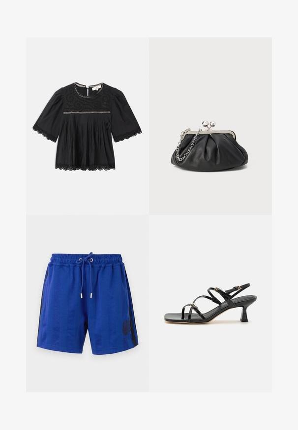 Zwarte blouse met korte mouwen, kantafwerking op de mouwen en zoom, geborduurde hals, geplooide voorkant en kettingdetail langs de halslijn en borst.; Blauwe sportieve shorts met een elastische tailleband, trekkoord, zijstrips in zwart en een bloemmotief ontwerp. Glad stoffen textuur.; Zwarte patenten leren sandalen met banden, een vierkante neus en een lage blokhak. Voorzien van goudkleurige hardware en verstelbare enkelsbandjes.; Zwarte leren clutch met geplooide textuur, zilverkleurig metalen frame, drukknopsluiting en kettingriem. Glad, zacht oppervlak.