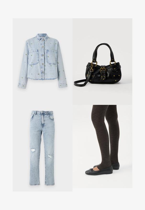 Veste en denim bleu clair avec broderies florales, dotée de deux poches avant, fermeture par boutons et col classique. Coupe décontractée avec ourlet cousu.; Jean en denim bleu clair avec une coupe décontractée, présentant deux déchirures au niveau des genoux, cinq poches et un ourlet effiloché. Fermeture à bouton et à glissière.; Jambes portant des leggings côtelés foncés associés à des ballerines noires avec de petits détails en nœud sur fond blanc.; Sac à main en cuir noir avec boucle dorée et détails à rivets, poignées courtes et bandoulière réglable sur fond blanc uni.