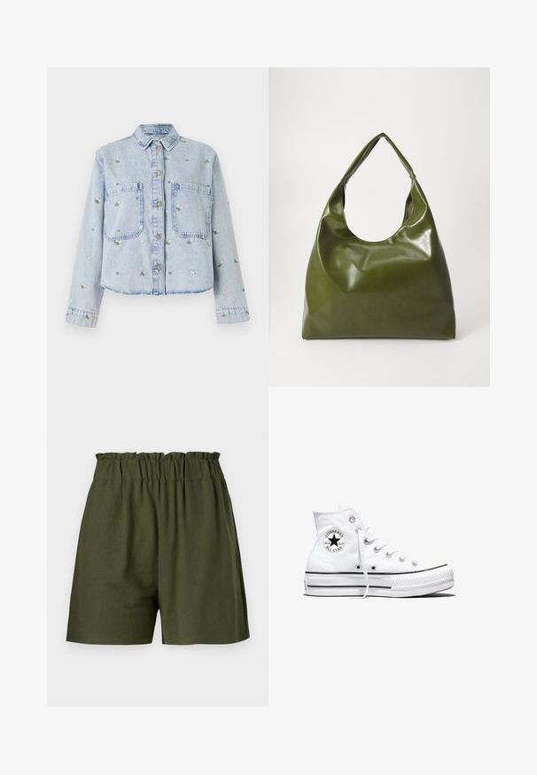 lichtblauwe spijkerjack met bloemenborduursel, voorzien van twee voorkruimels, knoopsluiting en een kraag. Casual fit met gestikte zoom.; Donkergroene shorts met een elastische tailleband, relaxed fit en zonder zakken. Gemaakt van zachte, lichte stof.; Witte hoge Converse Chuck Taylor All Star sneaker met zwart logopatch en witte veters, weergegeven op een witte achtergrond.; Groene leren hobotas met een slordig ontwerp, gebogen handvat en een gladde textuur. Bevat geen zichtbare hardware of accenten.
