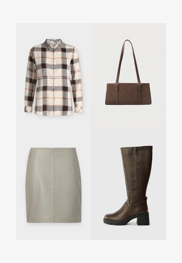 Chemise à manches longues boutonnée avec motif à carreaux beige, marron, gris et orange et col classique.; Jupe en cuir beige longueur genou avec une coupe droite et une couture verticale centrale, présentée sur un fond blanc.; Bottine en cuir marron jusqu'au genou avec un talon épais noir et une finition texturée. Présente un bout rond et des détails de couture latérale subtils.; Sac à bandoulière rectangulaire marron avec longues sangles et détails de couture minimalistes sur un fond uni.