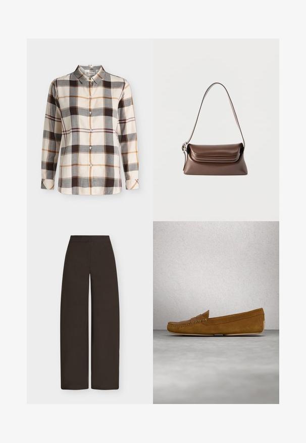 Chemise à manches longues boutonnée avec motif à carreaux beige, marron, gris et orange et col classique.; Pantalon marron à jambes larges, taille haute et devant épuré, présenté sur un fond gris clair.; Mocassins en cuir suédé marron avec un couturessé, semelle plate et bout rond. Design simple avec une petite bande décorative sur le devant.; Sac à bandoulière en cuir marron avec une boucle argentée sur la sangle et un rabat à rabat, présenté sur un fond blanc.