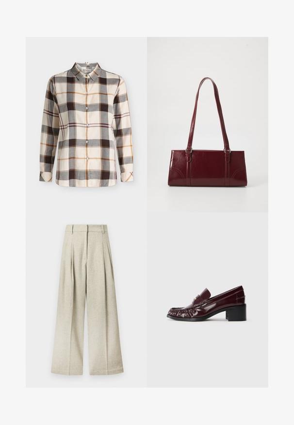 Chemise à manches longues boutonnée avec motif à carreaux beige, marron, gris et orange et col classique.; Pantalon à jambes larges en tissu gris clair avec une finition texturée, présentant des plis à l'avant et une ceinture plate, sans poches visibles.; Mocassin en cuir bordeaux avec un bout arrondi, texture plissée à l'avant et un petit talon carré noir. Accent doré sur le dessus.; Sac à main bordeaux en matériau brillant, de forme rectangulaire, avec deux anses et des accents légèrement courbés à l'avant.