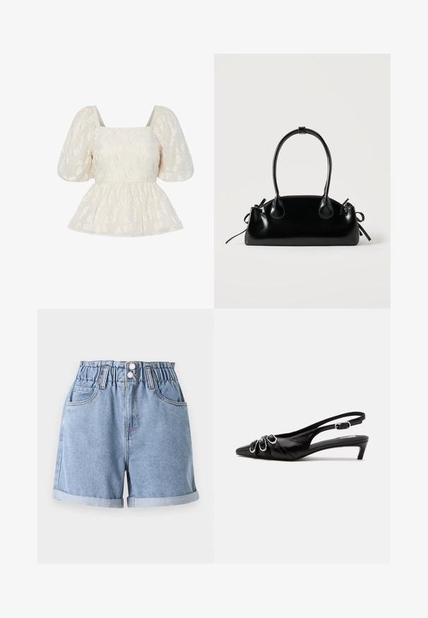 Hvid top med pufærmer og firkantet udskæring, der har et struktureret blomstermønster og en sammenslynget peplumkant.; Lysblå denimshorts med elastisk talje, to frontlommer, opsmøgede kanter og dobbeltknaplukning. Glat tekstur, afslappet design.; Sort læder slingback sko med spids tå, tre sølvspænder på forsiden og lav lille hæl på hvid baggrund.; Lille sort blank håndtaske med to lange håndtag og snøre-detaljer i siden på en ensfarvet lys baggrund.