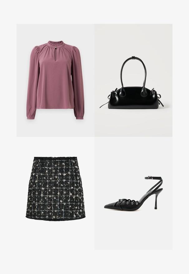 Mauve blouse met lange mouwen, geplooide kraag, keyhole halslijn met knoopsluiting en licht opgeblazen schouders.; Zwarte tweed rok met een ruitpatroon, verfraaid met pailletten en kleine bloemaccenten, met een rafelige zoom en een aansluitend ontwerp.; Zwarte pumps met hoge hak en spitse neus, gegolfde randen, metalen oogjes, vetergespsluiting aan de voorzijde en enkelriem met gespsluiting.; Kleine zwarte glanzende handtas met twee lange hengsels en zijkant trekkoord details op een effen lichte achtergrond.