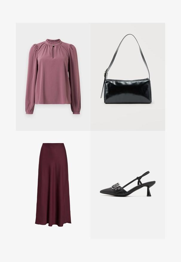 Langärmlige mauve Bluse mit gerafftem Kragen, Schlüsselloch-Ausschnitt mit Knopfverschluss und leicht gepufften Schultern.; Burgunderfarbene Satin-Maxikleid mit glatter Textur, hoher Taille und fließender Silhouette, die sich sanft zur Saumkante hin ausläuft.; Simmi London DALA - Pumps - black; Schwarze rechteckige Schultertasche mit einem verstellbaren Riemen und einem oberen Reißverschluss vor einfachem Hintergrund.