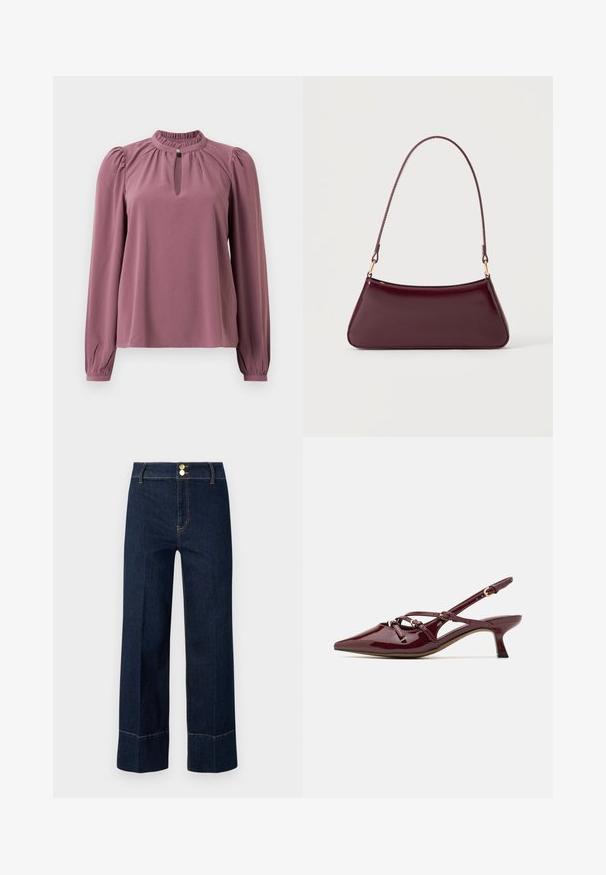 Blouse mauve à manches longues avec col froncé, encolure à clef avec fermeture à bouton et épaules légèrement bouffantes.; Jeans taille haute large bleu marine avec double bouton doré et surpiqûres orange visibles sur un fond clair.; Escarpin en cuir verni bordeaux avec nez pointu, petit talon, détails de bride décoratifs et finition brillante.; Sac à main brillant bordeaux foncé avec une anse fine unique et une forme trapézoïdale élégante sur un fond clair uni.