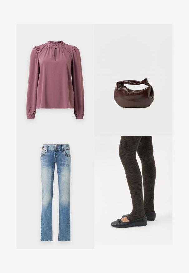 Mauve blouse met lange mouwen, geplooide kraag, keyhole halslijn met knoopsluiting en licht opgeblazen schouders.; Lichtblauwe denim jeans met een rechte pijp, voorzien van een vijfknopen sluiting, voorzakken en subtiele vervagingdetails.; Benen met donkere geribbelde leggings gecombineerd met zwarte ballerina's met kleine strikdetails op een witte achtergrond.; Donkerbruine leren schoudertas met een zachte, slungelige vorm en een gedraaide knoopvormige handgreep op een effen witte achtergrond.