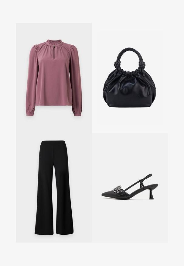 Langermet mauve bluse med samlet krave, nøglehul-udskæring med knaplukning og let puffede skuldre.; Sorte vide bukser lavet af blød, strækbar stof. Har en glat, elastisk talje og et enkelt, udekoreret design.; Simmi London DALA - Pumps - black; Sort blød læderhåndtaske med samlet top og to tykke håndtag bundet i knuder mod en ensfarvet lys baggrund.