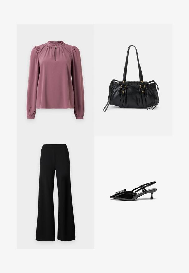 Langermet mauve bluse med samlet krave, nøglehul-udskæring med knaplukning og let puffede skuldre.; Sorte vide bukser lavet af blød, strækbar stof. Har en glat, elastisk talje og et enkelt, udekoreret design.; Sorte patenterede læderslingbacks med spids tå, en sløjfedetalje foran og en lille stilettohæle. Remmene har justerbare spænder.; Sort læderhåndtaske med rund form, dobbelte hanke, dekorative hardware-detaljer og snøre på siden. Glat, blank overflade.