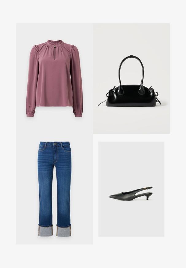 Mauve blouse met lange mouwen, geplooide kraag, keyhole halslijn met knoopsluiting en licht opgeblazen schouders.; Blauwe denim jeans met een rechte pijp, voorzien van opgerolde manchetten in lichtgrijs. Middenhoogte taille en traditionele vijf-pocketdesign.; Zwarte puntschoen met slingback van soepel leer. Kenmerkt zich door een dunne hak en een gespdetail op de verstelbare band.; Kleine zwarte glanzende handtas met twee lange hengsels en zijkant trekkoord details op een effen lichte achtergrond.