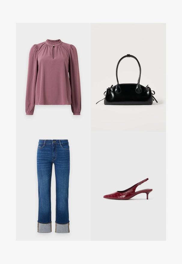Langermet mauve bluse med samlet krave, nøglehul-udskæring med knaplukning og let puffede skuldre.; Blå denimjeans med lige ben, der har opkrøllede manchetter i lys grå. Mellemhøj talje og traditionelt fem-lomme design.; Bordeaux læder slingback pumpe med krokodillestruktur, spidse tæer, justerbar spænde rem og lav kitten hæl på en hvid baggrund.; Lille sort blank håndtaske med to lange håndtag og snøre-detaljer i siden på en ensfarvet lys baggrund.