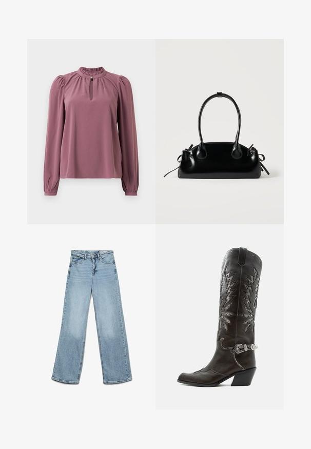 Langermet mauve bluse med samlet krave, nøglehul-udskæring med knaplukning og let puffede skuldre.; Lyseblå højtaljede jeans med vide ben, knap- og lynlås-lukning, for- og baglommer samt bæltestropper.; Sort læder cowboystøvle med dekorative udskæringer, sølvspænde og skrå hæl, vist på hvid baggrund.; Lille sort blank håndtaske med to lange håndtag og snøre-detaljer i siden på en ensfarvet lys baggrund.