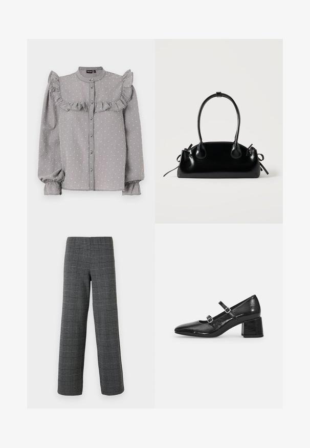 Sort-hvid ternet bluse med flæsedetaljer over brystet, lange puffærmer med elastiske manchetter og knaplukning foran.; Vero Moda VMBERLIN WIDE PANT - Bukser - dark grey/black; Sorte patenterede læder Mary Jane-sko med spidse tæer, to justerbare stropper og en kraftig blokhæl. Glat tekstur og blank finish.; Lille sort blank håndtaske med to lange håndtag og snøre-detaljer i siden på en ensfarvet lys baggrund.