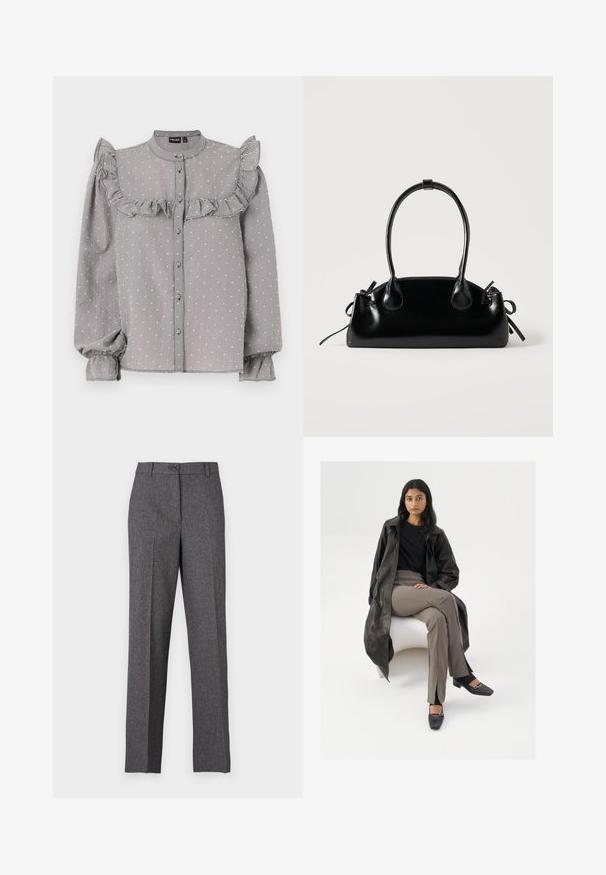 Sort-hvid ternet bluse med flæsedetaljer over brystet, lange puffærmer med elastiske manchetter og knaplukning foran.; JDY Wide-leg JDYBLOOM Tapered Fit - Bukser - black/white salt and pepper; Sort læder trench coat, sort skjorte, beige højtaljede bukser, sorte firkantede sko med sølv spænde, siddende på en hvid stol.; Lille sort blank håndtaske med to lange håndtag og snøre-detaljer i siden på en ensfarvet lys baggrund.